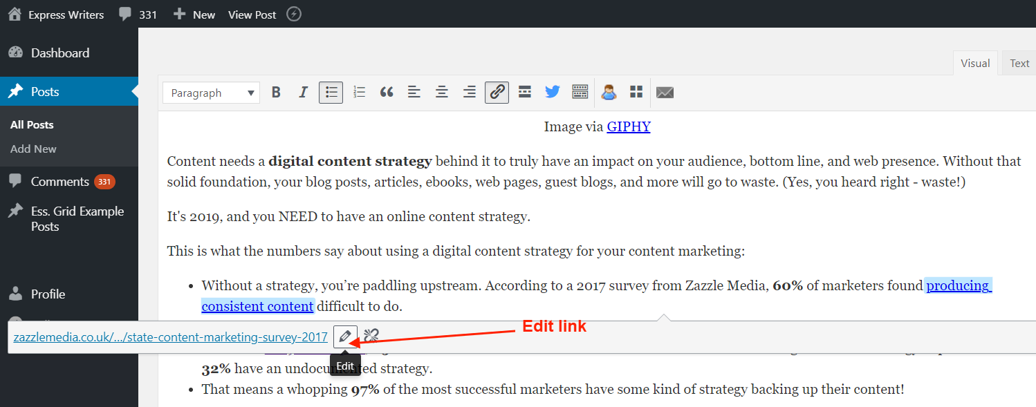 When you click on a link, a toolbar appears that gives you the option to edit the link. Click on the pencil button to edit the link and allow it to open in new tab.