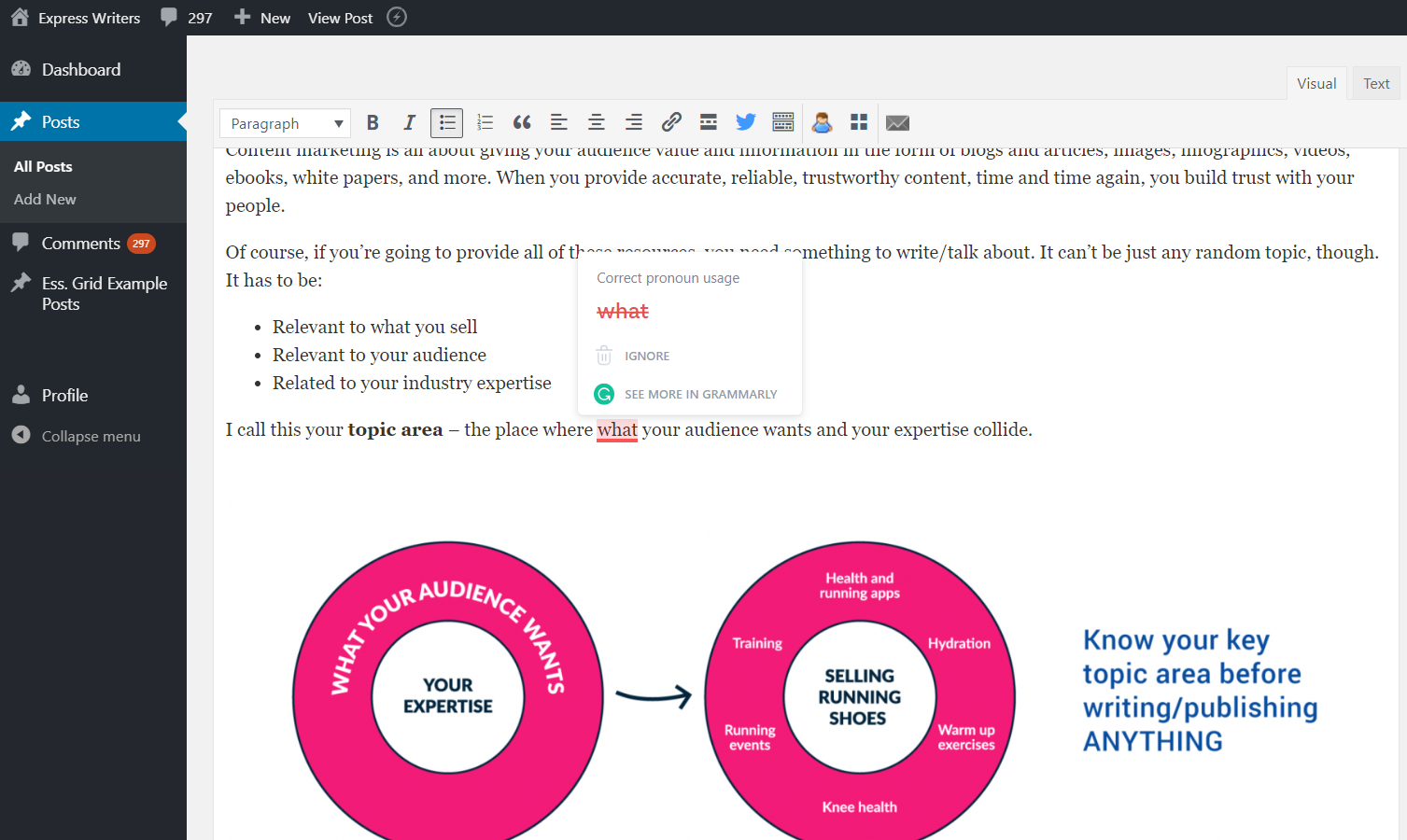 Grammarly Chrome extension correcting the "what" typo in WordPress Editor
