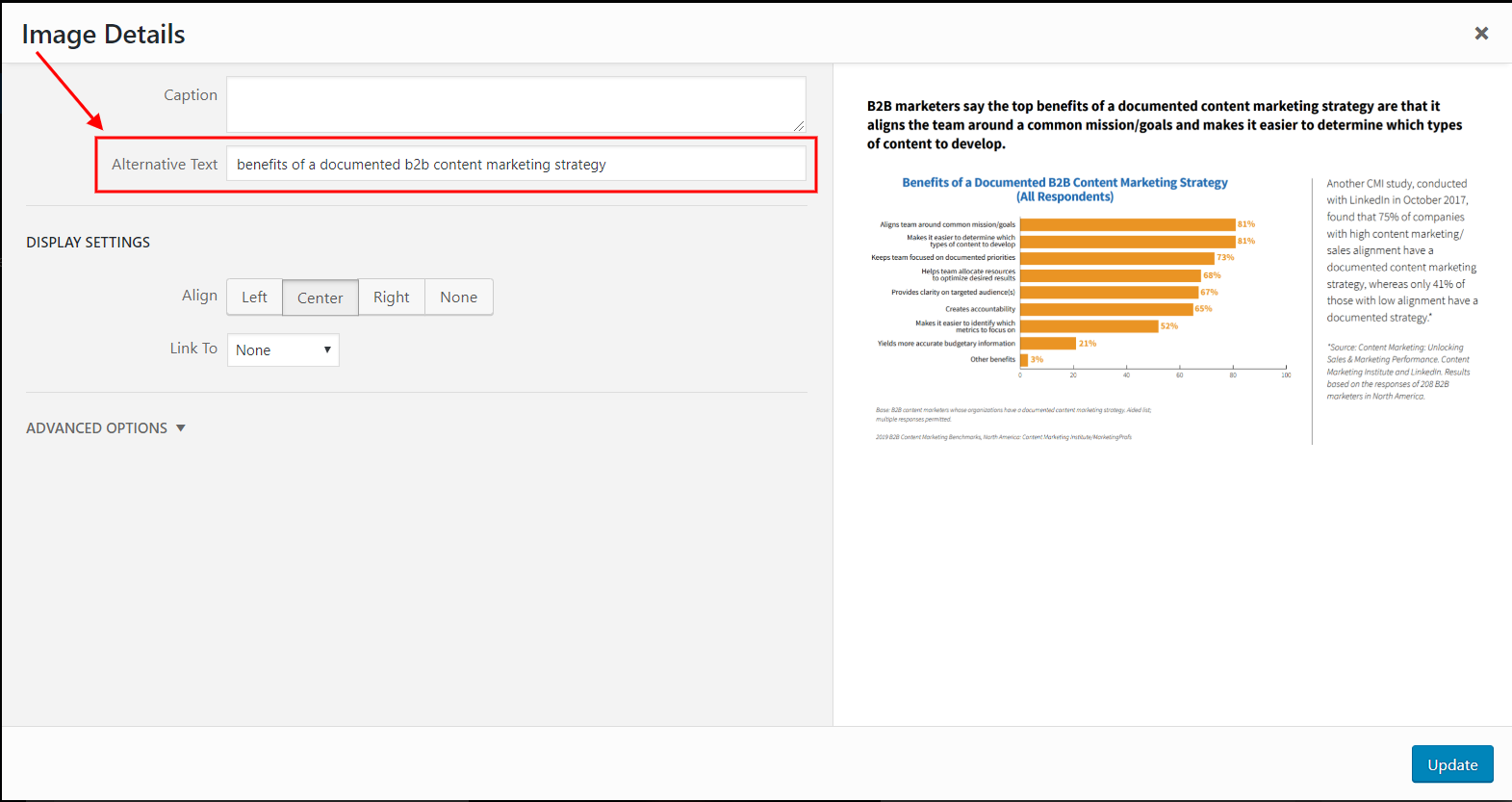 The alternative text box under WordPress editor's Image Details dialog box.