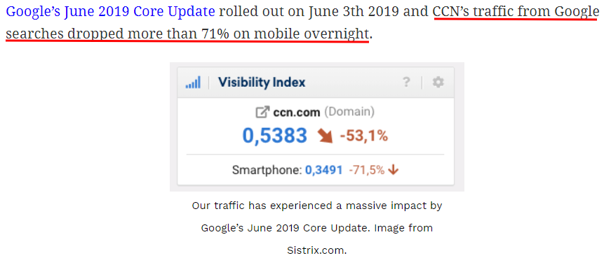 Sistrix.com's Visibility Index shows mobile traffic from Google searches dropped by over 71% within 12 hours.