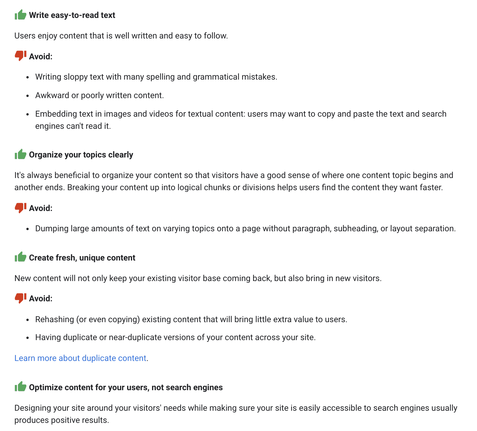 do's and don'ts for content from google