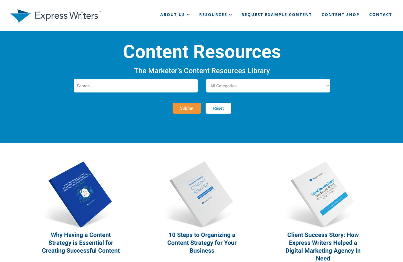 Screenshot showing the resource section of Express Writers