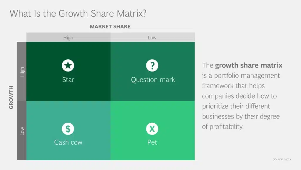 Visual depiction of BCG’s growth-share matrix with accompanying description.