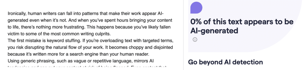 Screenshot of the Grammarly AI detection tool.